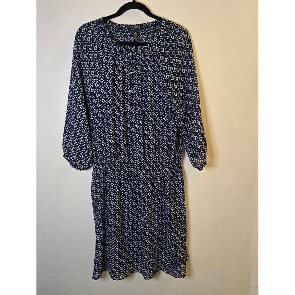 Lauren Ralph Lauren Sheer Tunic Dress Navy Blue White Womens 16
